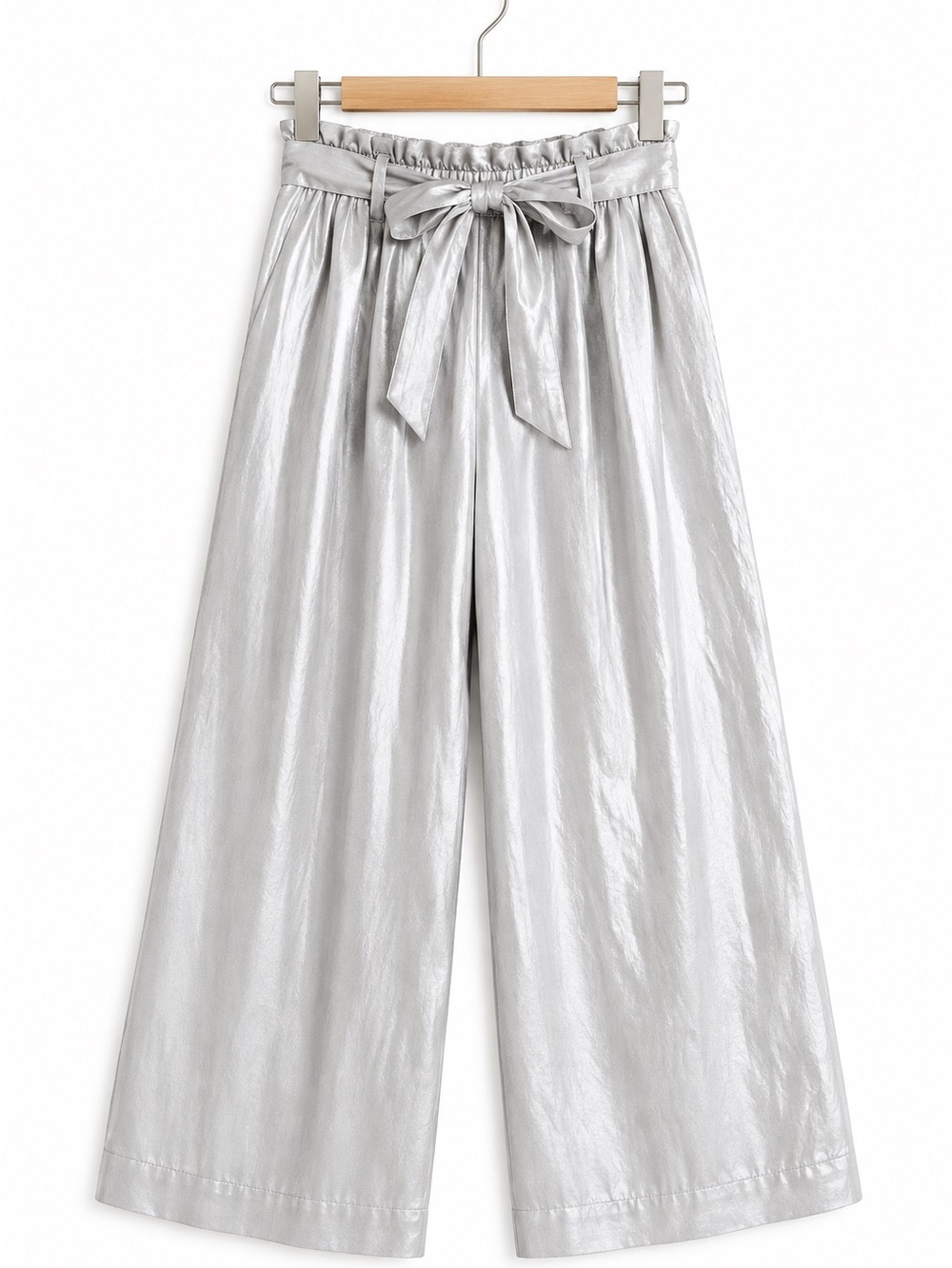 Joie Silver Gray Shimmer Paperbag Waist Cropped Wide-Leg Pants XS